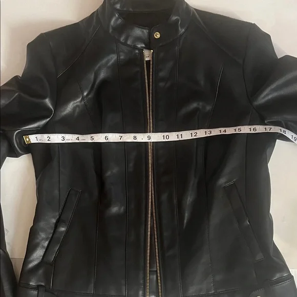 Cole Haan Black Leather Feel Biker Jacket with Gold Accents Zipper - Picture 11 of 13